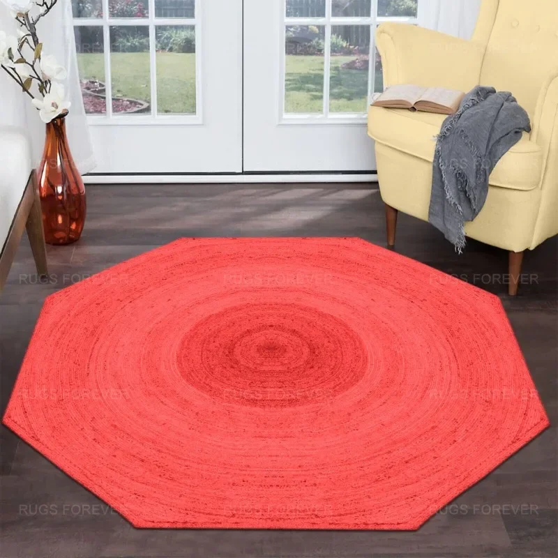 

Hand Braided Jute Area Rug Bedroom Octagon Red Kilim Bohemian Living Room Carpet
