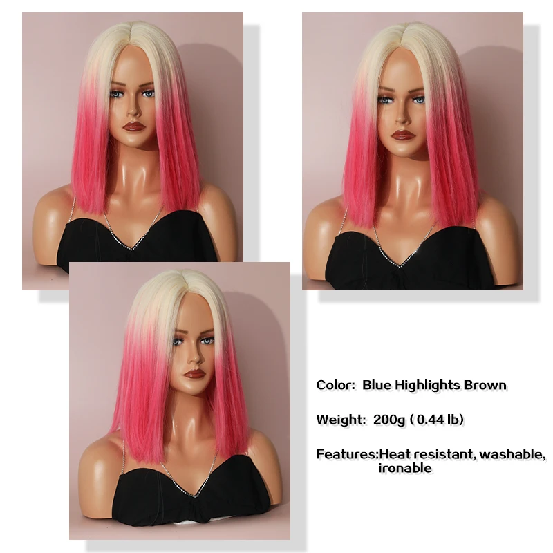 7JHH WIGS Short Straight Bob Wig T Part Pink Lace Front Wig for Women Daily Cosplay Party Heat Resistant Fiber Natural Hair