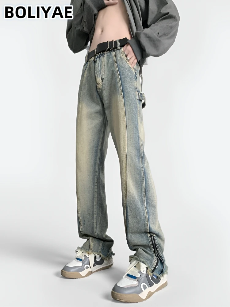 Boliyae Men High Street Vintage Loose Jeans Straight Stylish Foot Zipper Casual Jogging Denim Pants Y2k Hip Hop Baggy Trousers