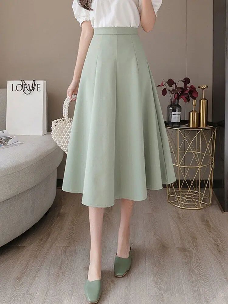

Ladies Elegant A-line Skirts New Arrival Fashion Korean Style Solid Color High Waist Women Long Skirt