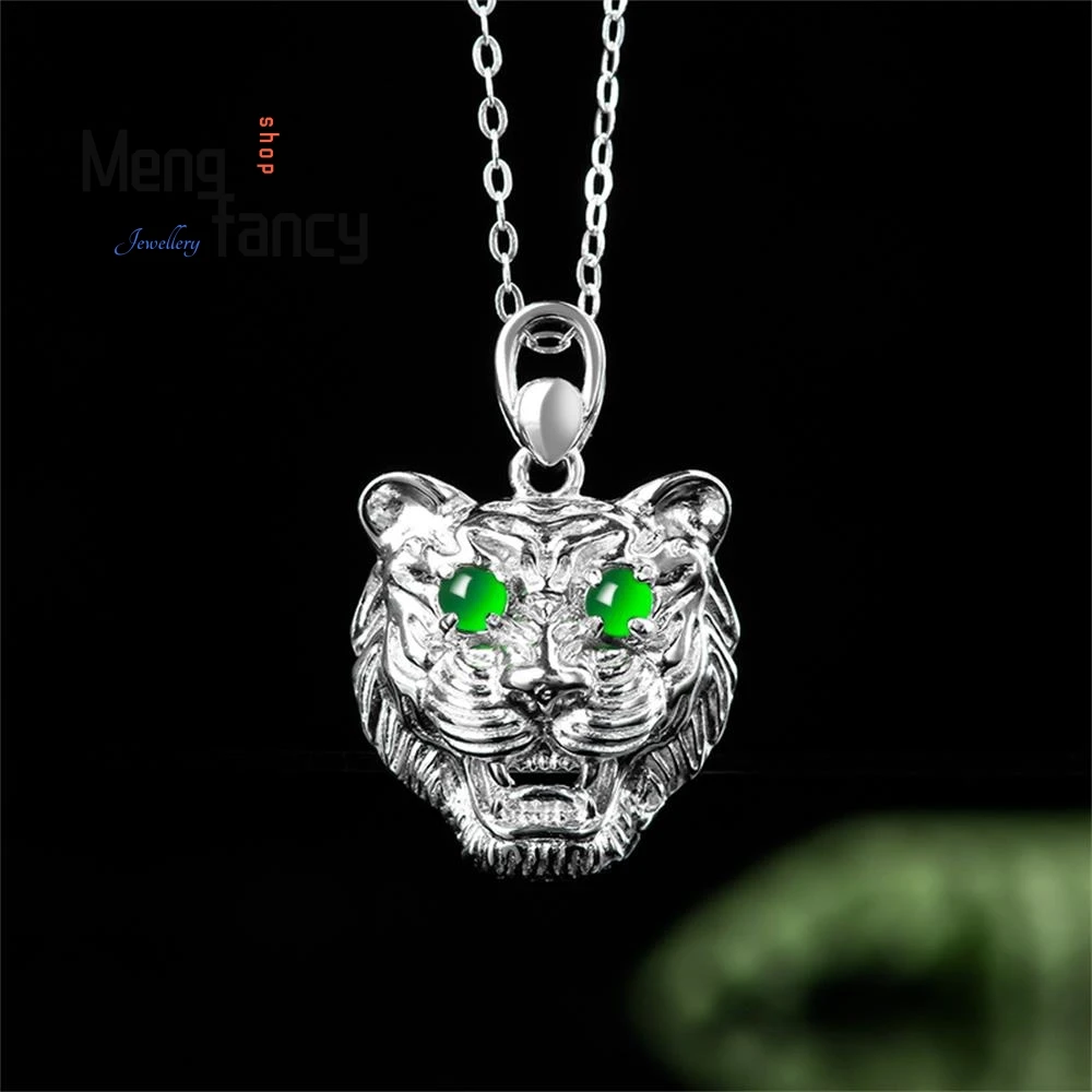 

Natural A-goods Jadeite Yang Green S925 Silver Ice Jade Zodiac Tiger Head Pendant Exquisite Mascots Luxury Quality Fine Jewelry