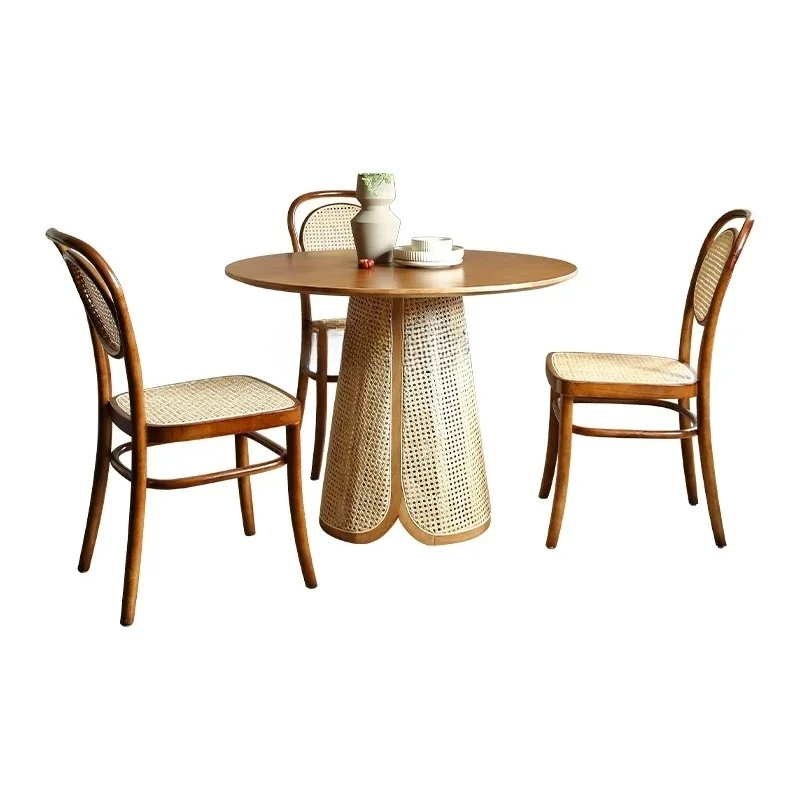 A15 Qiji Style White Wax Wood Round Table Simple Home Rattan Dining Tables and Chairs Set 6-Person Dining Table Creative Restaur