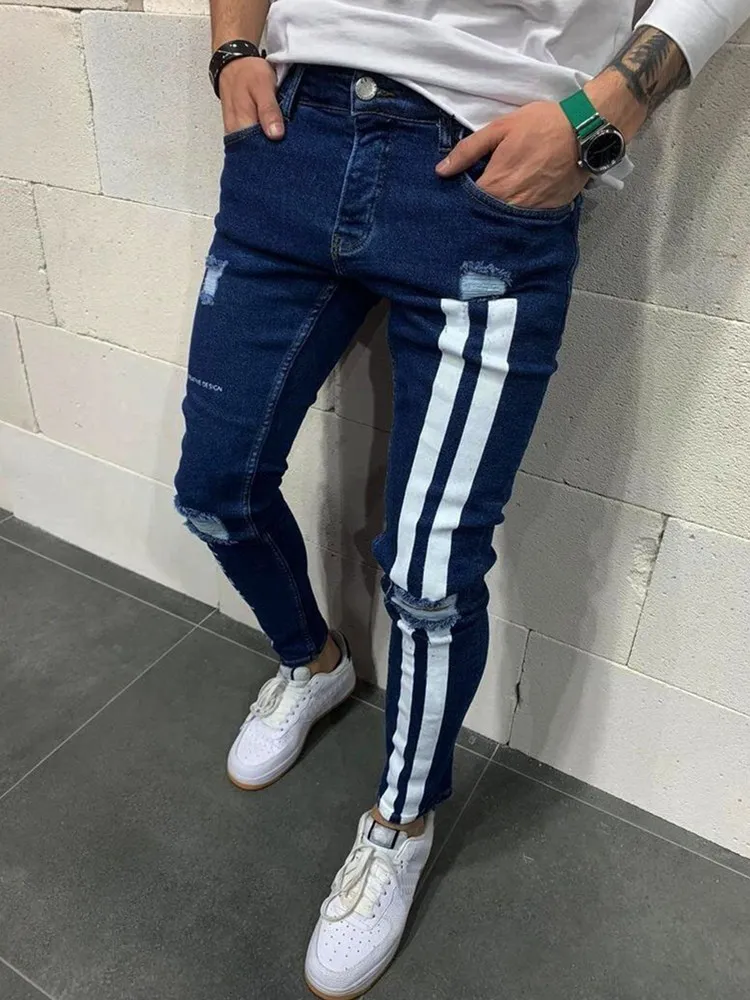 mens slim jeans Men Jeans Knee Hole Ripped Stretch Skinny Denim Pants Solid Color Black Blue Autumn Summer Hip-Hop Style Slim Fit Trousers S-4XL cargo jeans Jeans