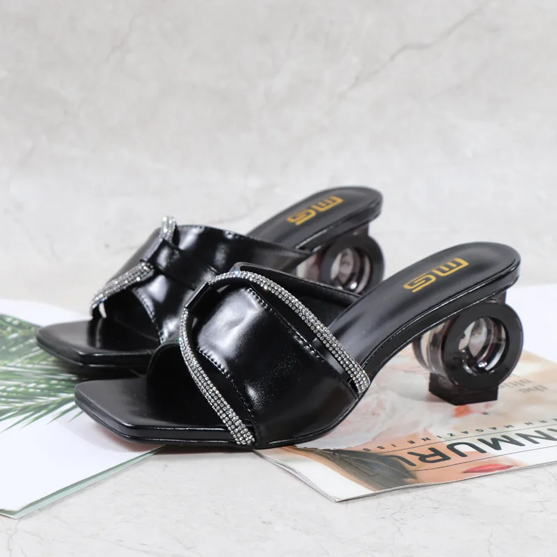 Summer New Fashion Round with Flip-flops Square Head Rhinestones Large Size High Heel Lady's Slippers Shoes Women 2022