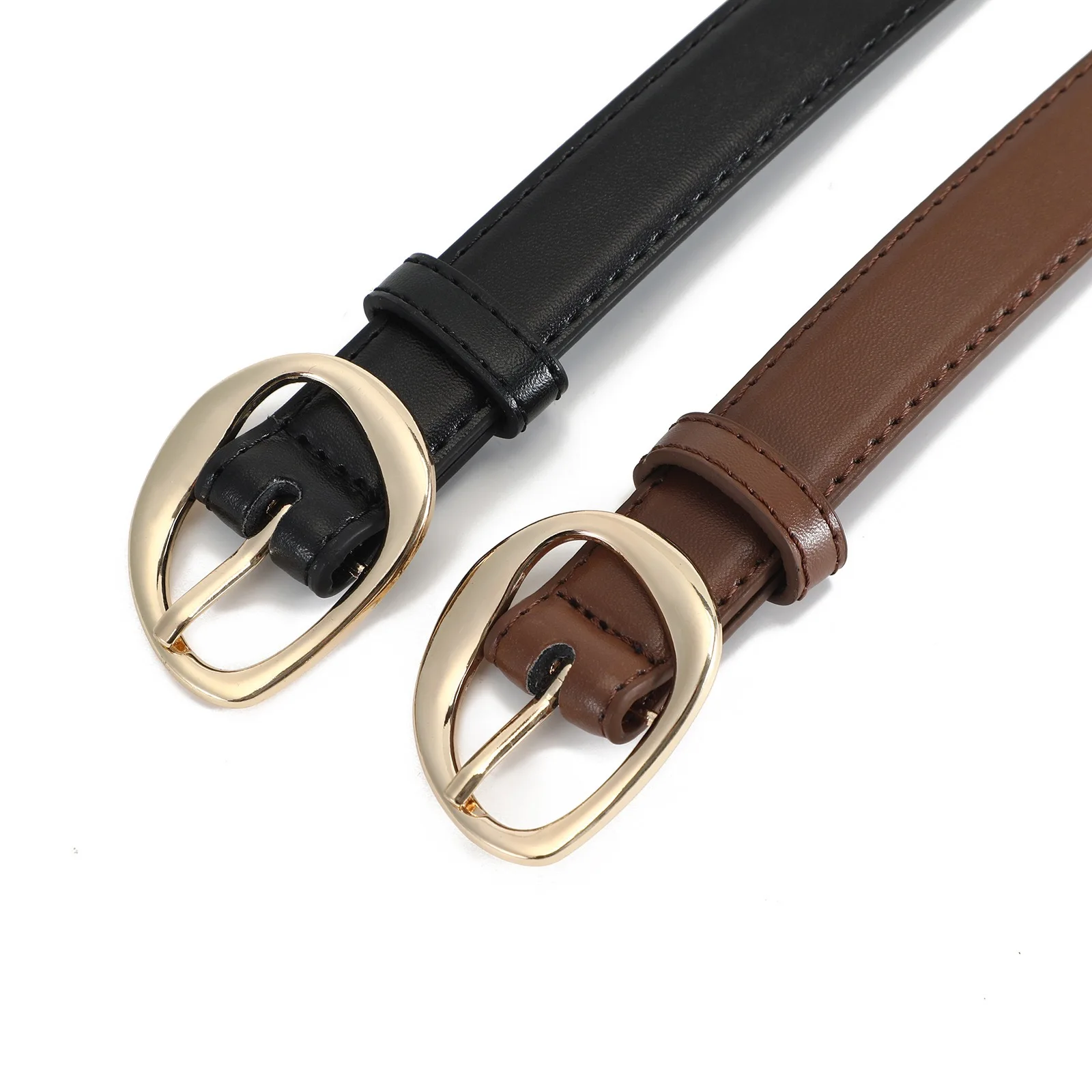 Women's Luxury PU Leather Belt with Gold Pin Buckle - Fashionable Waistband in Black or Brown