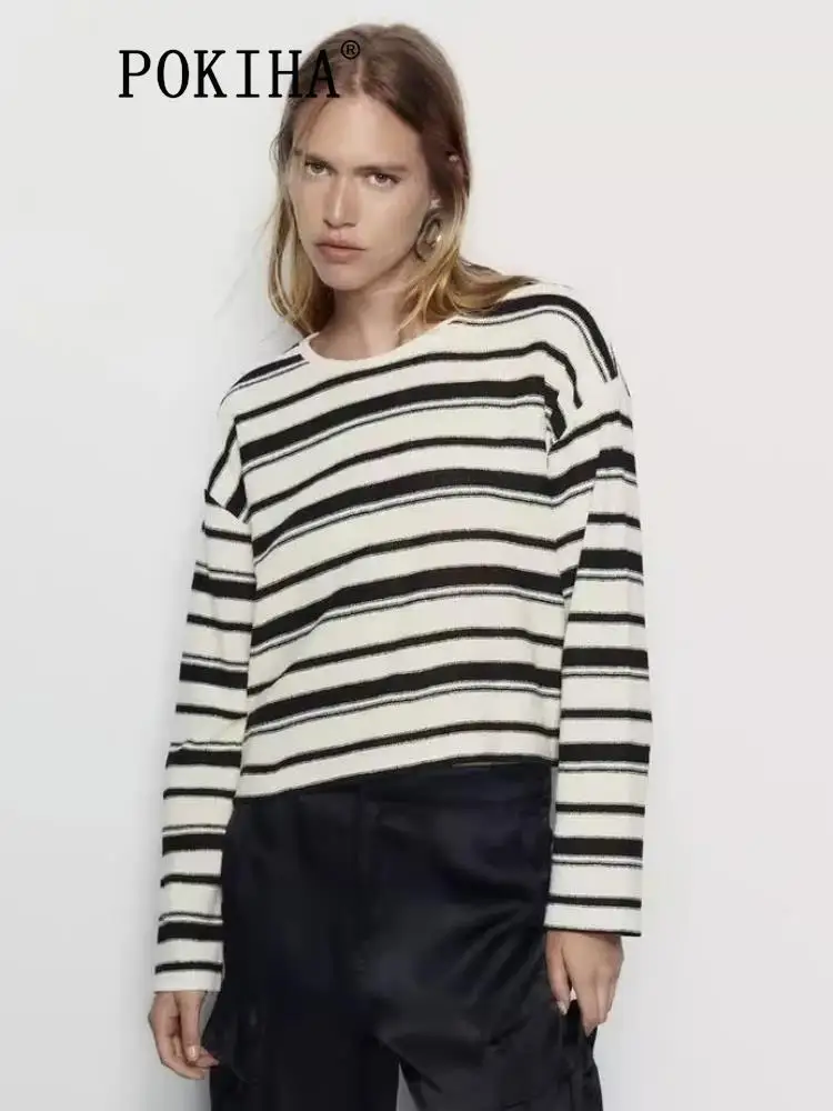 

Pokiha Fashion Women New Casual O-Neck Striped Knitted Short Blouses Blusas Vintage Long Sleeve Female Pullover Chic Tops