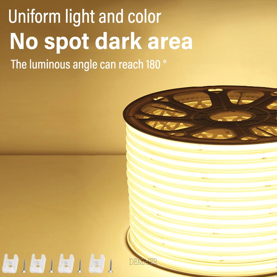 COB LED Strip 220V Switch/Dimmable Power EU Plug 360LEDs/m 3000k 6000k RA90 Outdoor Garden FOB LED Tape Bedroom Kitchen Lighting 2