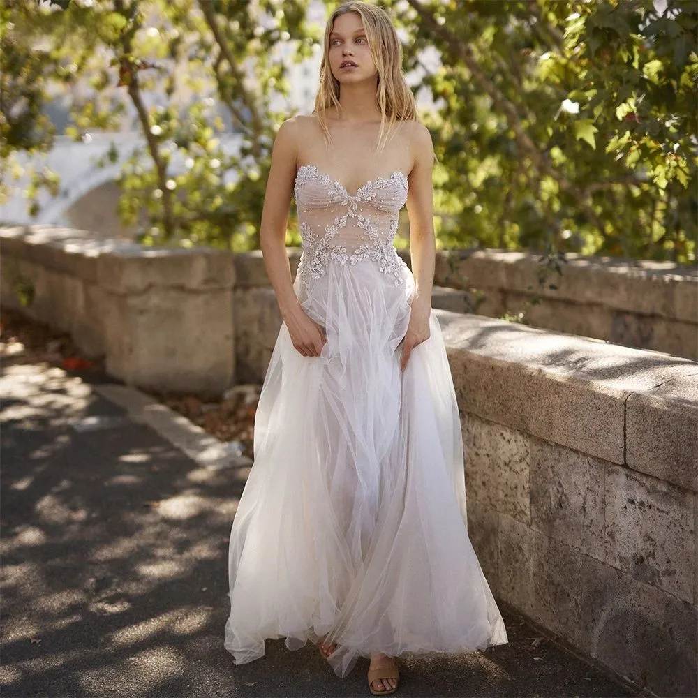 

Блестящие кружевные свадебные платья с открытыми плечами, богемные Аппликации, свадебные платья-трапеции с открытой спиной и бисером