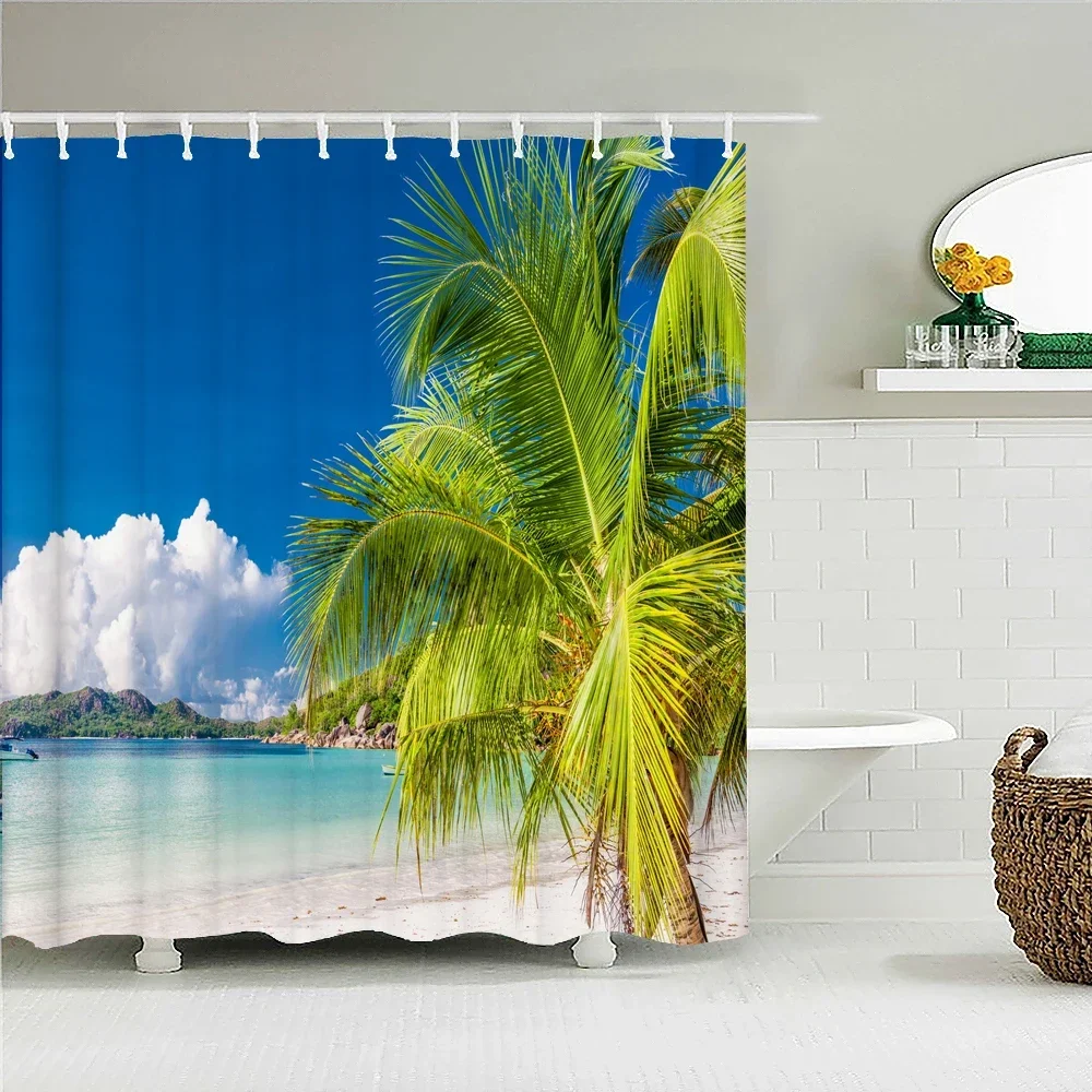 Sunlight Ocean Beach landscape Fabric Shower Curtain Bathroom Curtains Sunset Dusk Sea Animal Dolphin Bath Screen with 12 Hooks 3