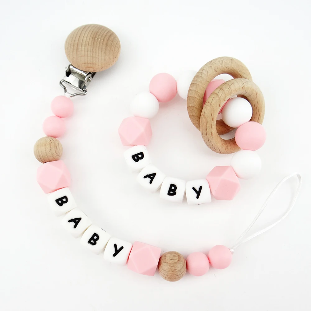 Pacifier Chain Pacifier Clip Pacifier Accessories Teether Clip 2PCS Personalized Name Pacifier Clips Silicone Letter Beads Teething Bracelet Wooden Nipple Holder Dummy Chain Baby Shower Gifts