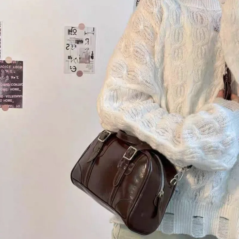 Retro Brown Leather Buckle Shoulder Bag Women Zipper Leather Large Capacity Crossbody Bag Ladies Marleid Casual Sle Handbag 2025
