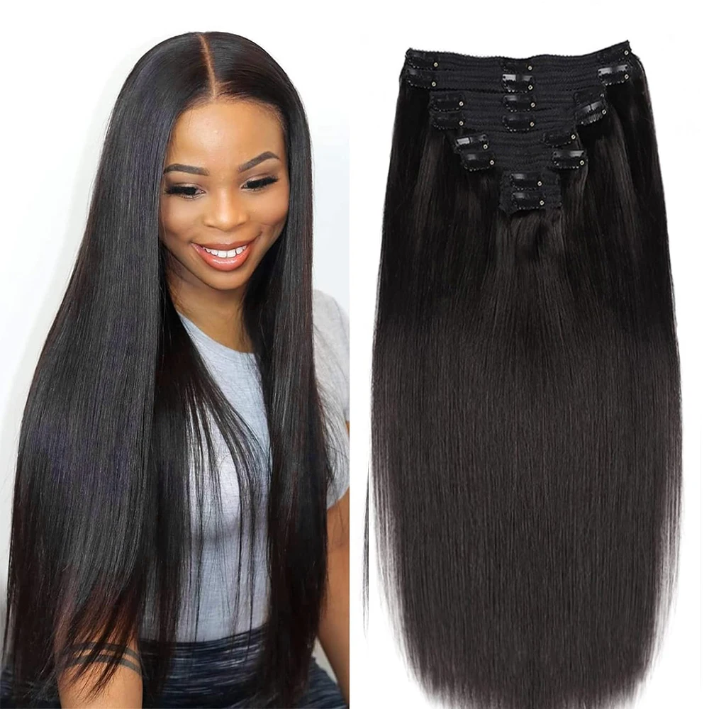 Extensiones de cabello humano liso brasileño, Clip de Color negro Natural, Remy, 120G/8 piezas, 22, 24 y 26 pulgadas