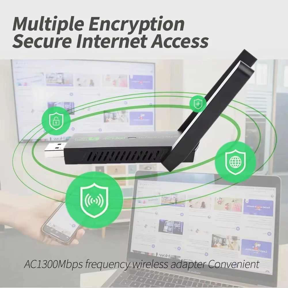 WiFi USB Adapter 1300Mbps Dual Band 2.4G/5Ghz Wi-Fi Dongle 802.11AC Powerful Antenna For PC/Laptop Driver Free