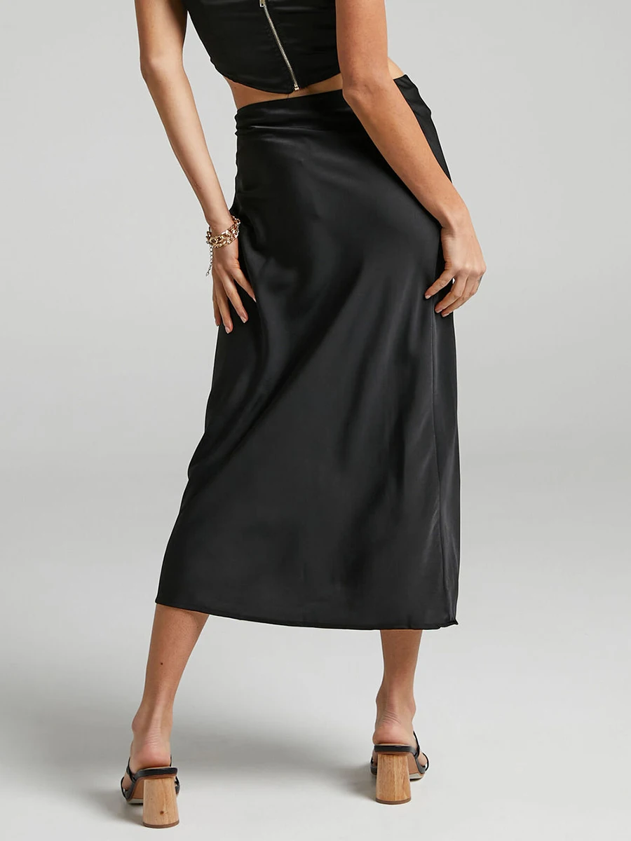 

YILEEGOO Women Drawstring Ruched Midi Skirts Summer Solid Color Satin High Waisted Wrap Hip Skirts Streetwear