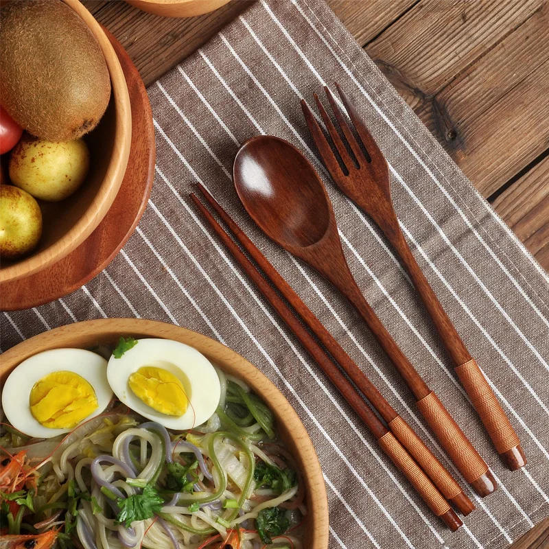 Japanese Style Natural Wooden Cutlery Set Durable Bamboo Fork Spoons Chopsticks Tableware Portable Dinnerware Kitchen Utensil