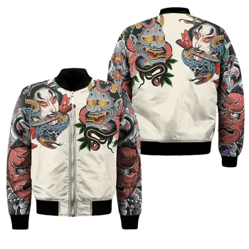 Primavera autunno Mens Bomber Jacket Samurai Oni Mask Tattoo 3D All Over stampato Zip tute Unisex Casual Zipper Jacket abbigliamento 1