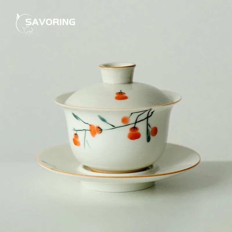 Hand Painted Persimmon Gaiwan 120ml Chinese Ceramic Cover Bowl Tea Cup Handmade Tea Bowl Puer Maker Gaivan Drinking For