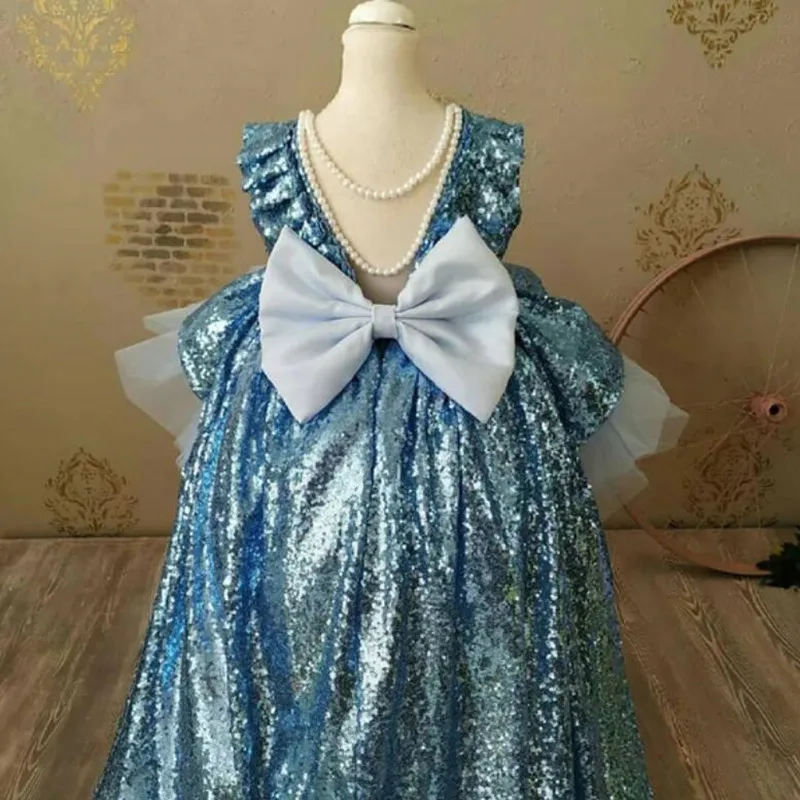 

Blue Sequins Baby Girl Dress Big Bow Pearls Back High-Low Style Flower Girl Dresses Kids Birthday Gown with Train