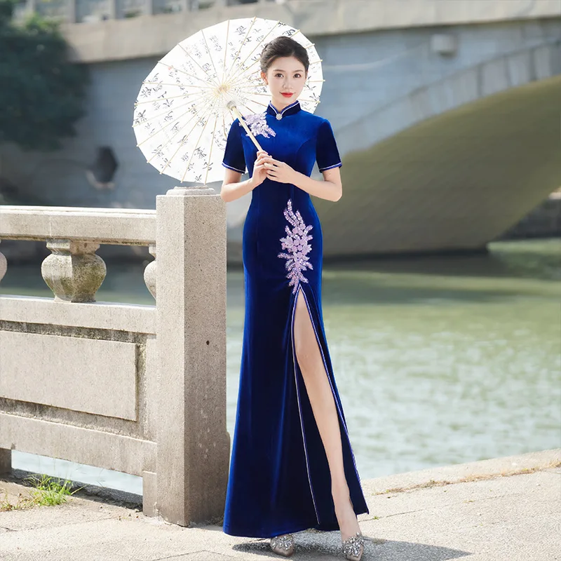 

Short Sleeve Floral Qipao Blue Velour Sexy Plus Size 5XL Cheongsams Front Split Women Dresses Vintage Celebrity Banquet Vestidos