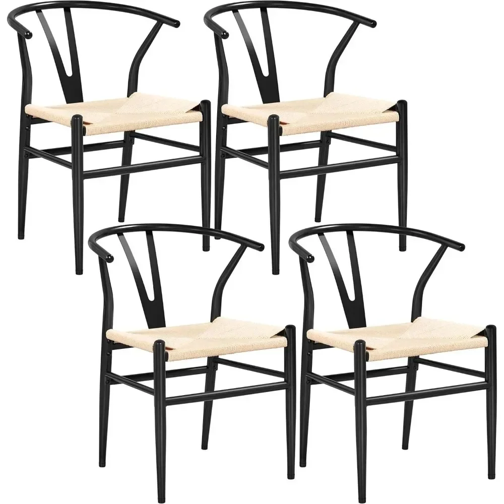 Set of 4 Weave Chair, Mid-Century Metal Dining Chair Y-Shaped Backrest Hemp Seat for Kitchen ,dining Room