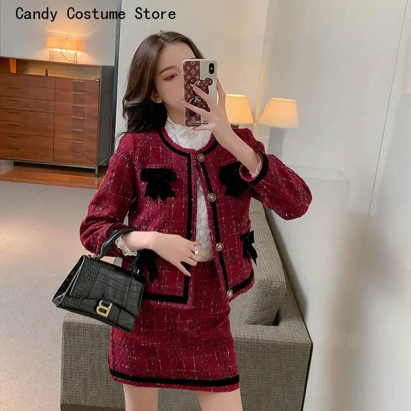Women's Bow Long Sleeve Single Breasted Jacket + High Waist Mini Skirt Suits Two Piece Set Small Fragrance Woolen Tweed Outfits
