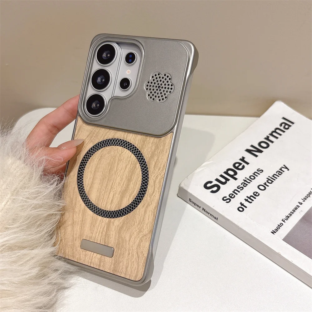 Wood Grain Leather Frameless Magnetic Phone Case with Plating Borderless Design