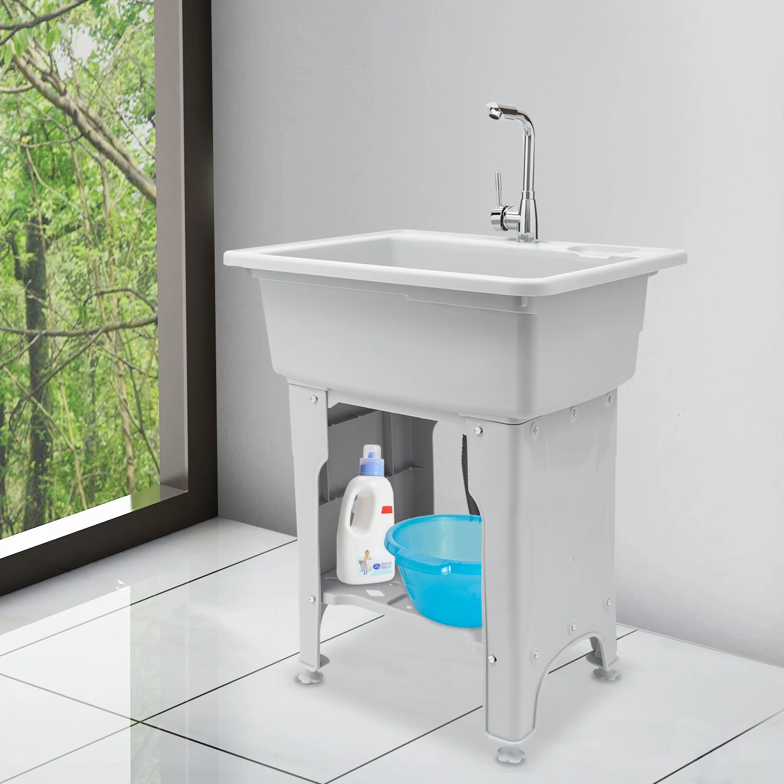 Freestanding Plastic Laundry Sink with Washboard with Cold and Hot Water Faucet Hoses for Laundry Room Garage or Shop