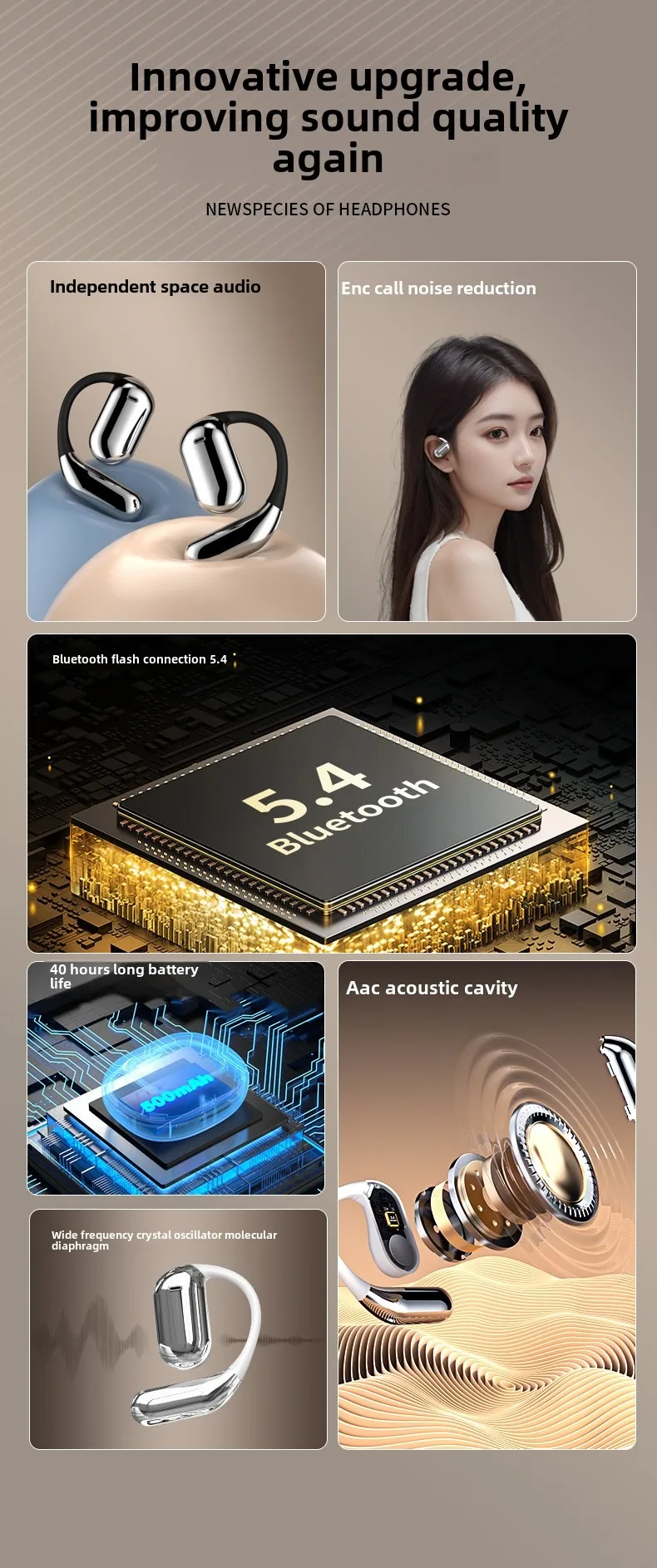 Cross-border hot-selling LCD hanging ear open earphones with full-color touch sc