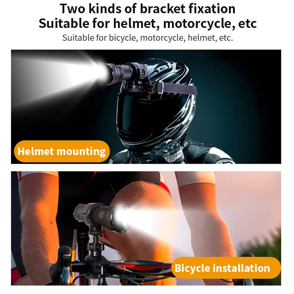 The Outdoor Flashlight SpyCam is shown mounted on a helmet and a bicycle, demonstrating versatile bracket fixation options for helmets, motorcycles, or bicycles. Its waterproof design ensures reliable performance in any weather.