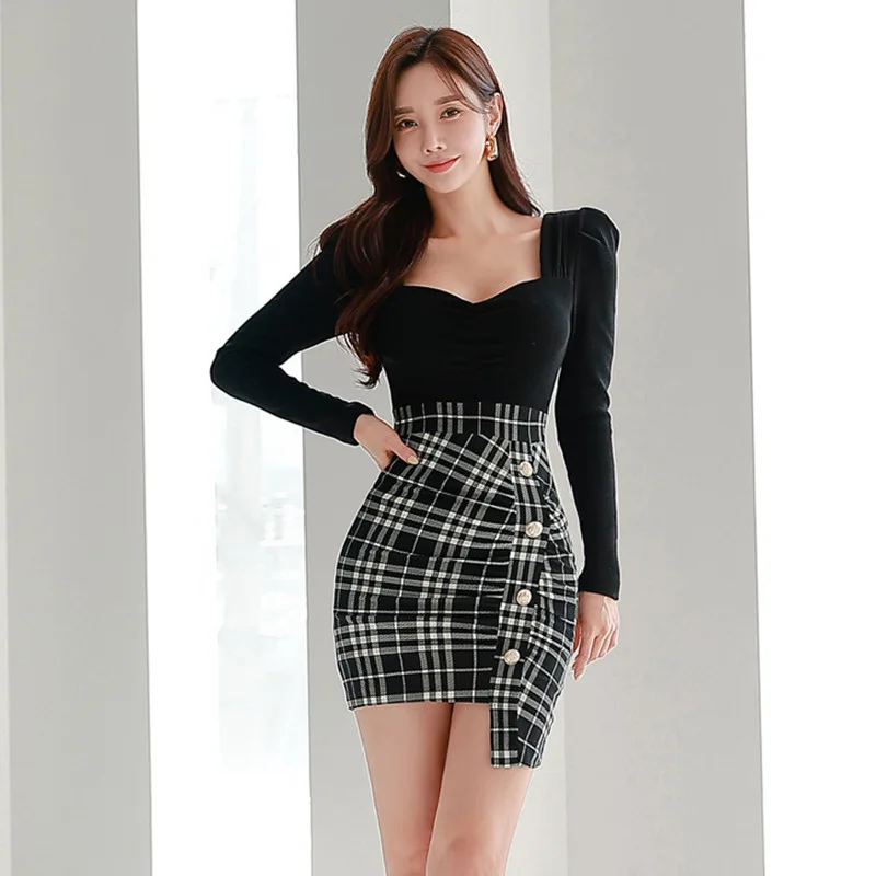 

Plaid Spliced Long sleeved Elegant Dress Spring/Summer New Fashion Temperament Slim Fit Waist Closing Short Dresses for Women