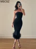 Vestido de fiesta negro elegante para mujer, sin tirantes, Espalda descubierta, Bodycon, Sexy, corsé, Top, Midi, con pluma, 2022 1