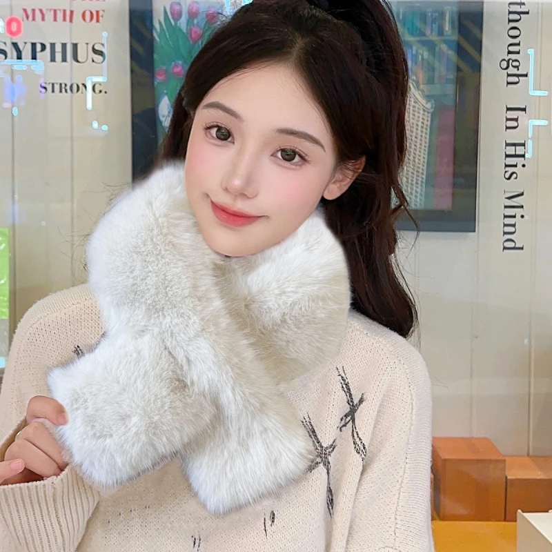 

Imitation Rabbit Fur Cross Scarf Elegant Women Collar Scarf Double-Sided Neck Warmer Fluffy Faux Fur Shawls Thicken Plush Scarf