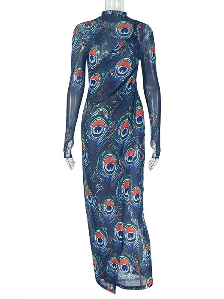 Wmstar Dress Women Wholesale Personalized Elegant with Printed Slightly Transparent High Neck Long Sleeved Slim Fit Trendy