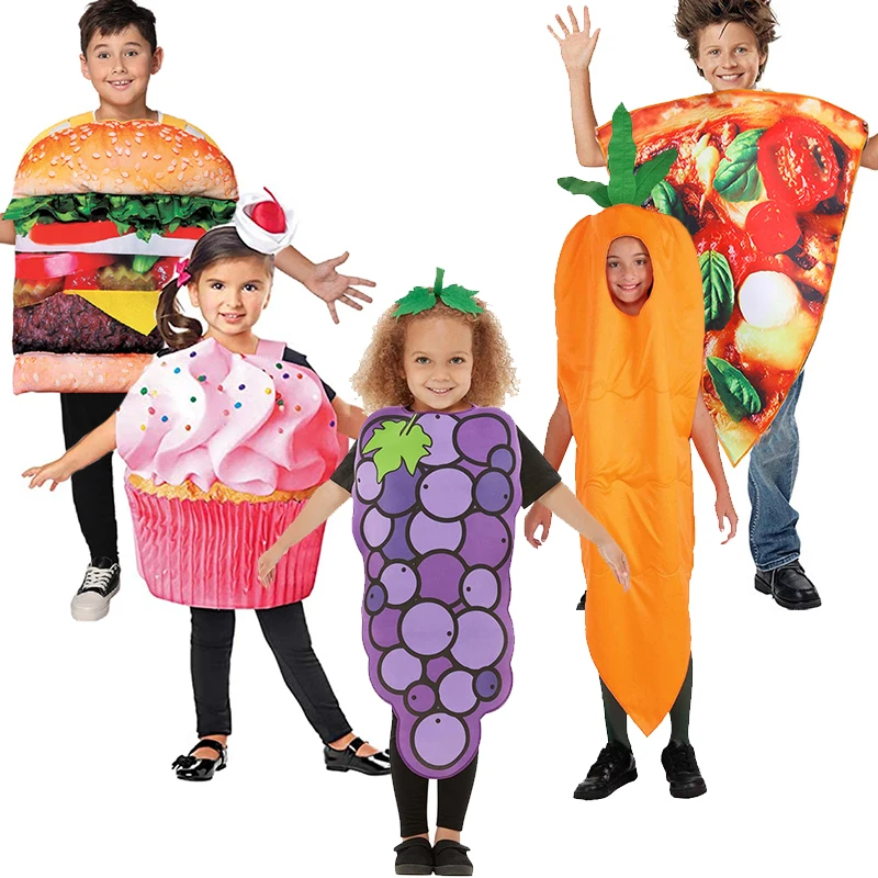 

Boys Hamburger Pizza Milk Pickle Tunic Cosplay Girls Grape Cookie Lollipop Waffle Fancy Dress UpUnisex Kids Food Costume