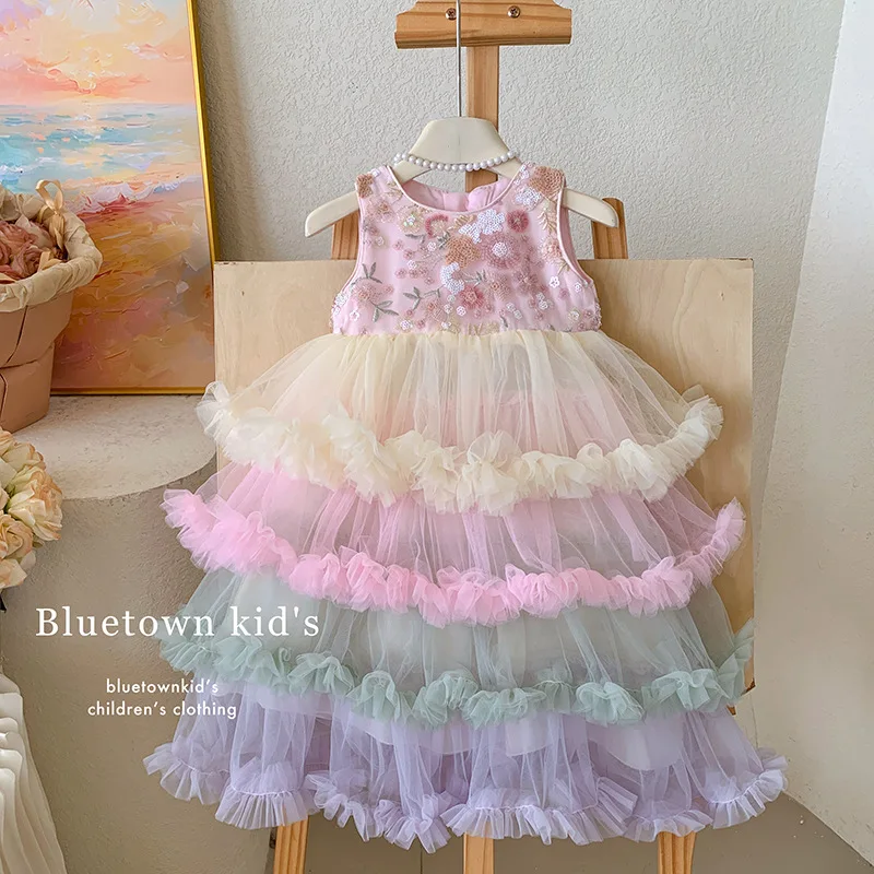 Girls Tank Top Dress 2025 Summer New Girls Elegant Mesh Puff Dress Children Princess Dress Fairy Children Clothing - 4