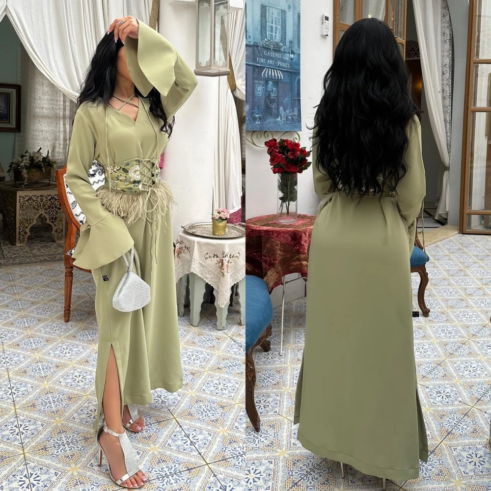 Satin Ruffles Draped Tassel Graduation A-line V-Neck Bespoke Occasion Gown Long Sleeve Dresses
