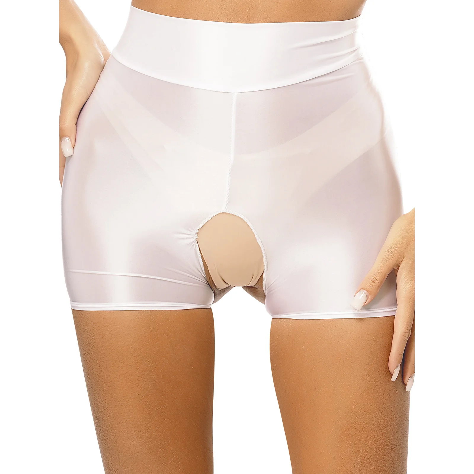 Sexy Womens Glossy Open Crotch Boxer Shorts Underwear Tummy Control Glossy Shapewear Exotic Lingerie for Gym Yoga Nightwear
