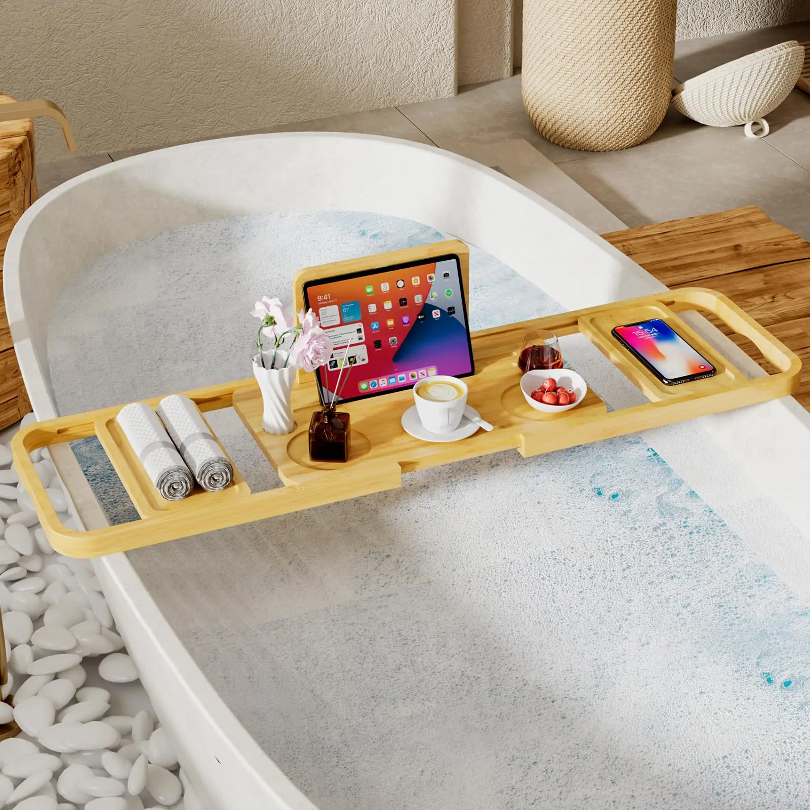Premium Bathtub Tray Caddy-Expandable Bath Caddy Tray-Adjustable Bamboo Bath Tub Table Unique House Warming Gifts Ne