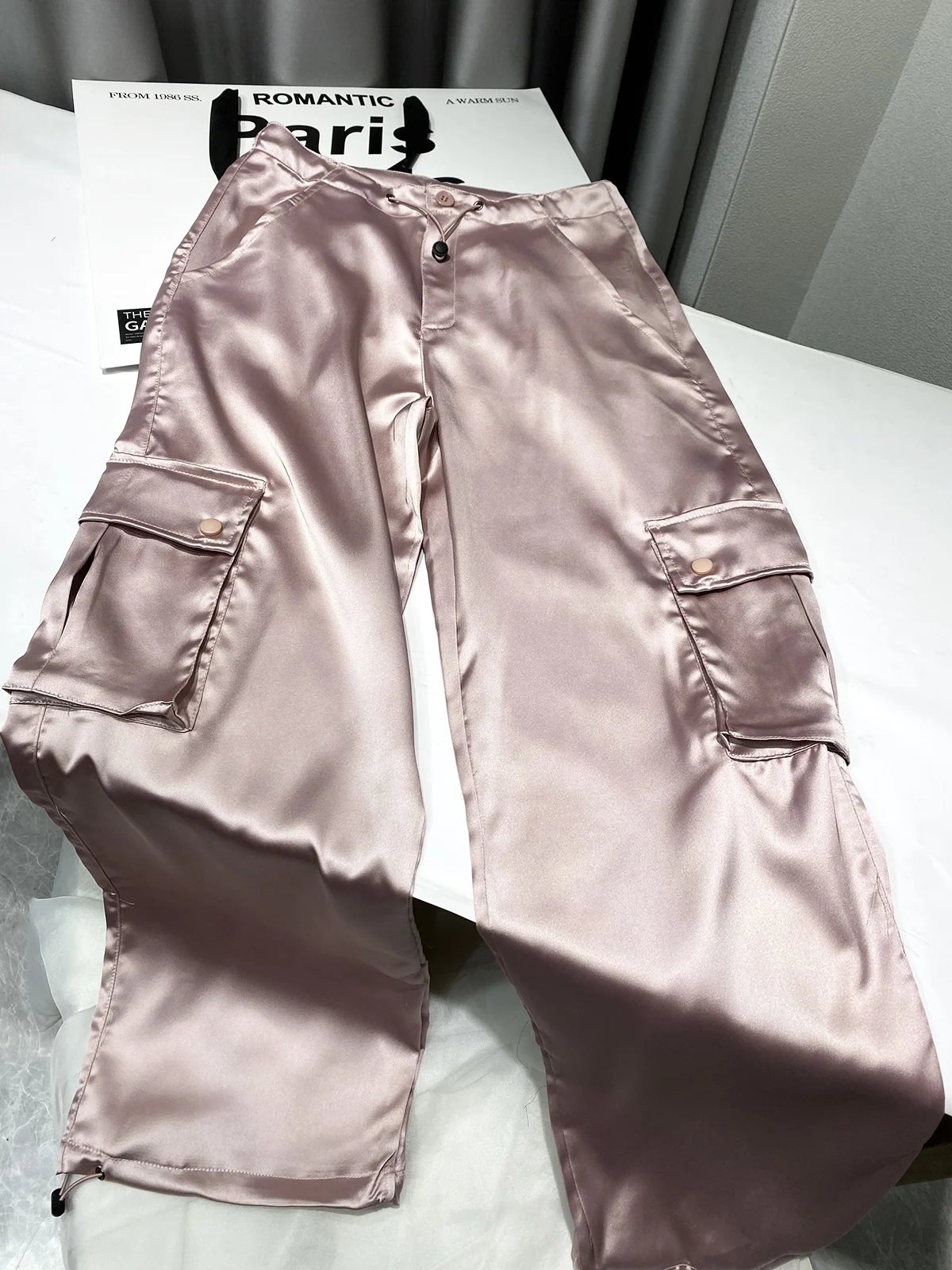 Silk Pink Drawstring Satin Baggy Cargo Pants Women Summer Solid Black Beige Gray Wide Leg Trousers Streetwear Vintage Bottoms 5