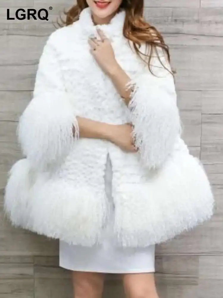 LGRQ Causal Whole Rabbit Fur Furs Tassel Spliced Solid Color Single Breasted High Collar Warm Women's Coat 2025 Winter New 19D46