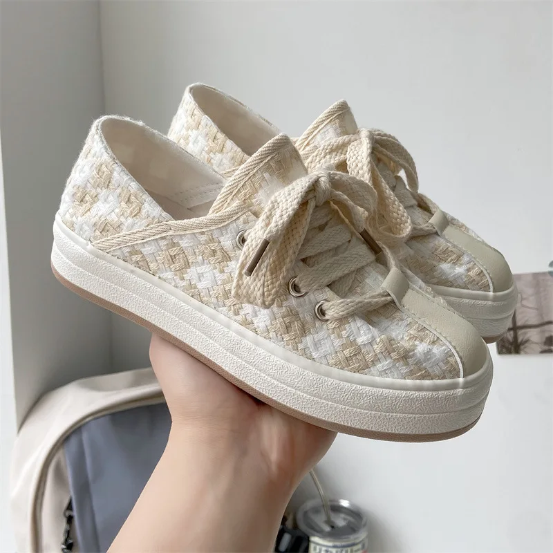 

Platform Shoes Women Canvas Sneaker Houndstooth Skate Shoes Chunky Sneakers Sports Casual Shoes Lace-up Zapatos Para Mujer