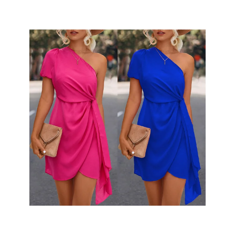 

Women Mini Dress Summer Fashion Single Shoulder Puff Sleeve Knotted Nipped Waist Elegant Party Dresses for Women 2023