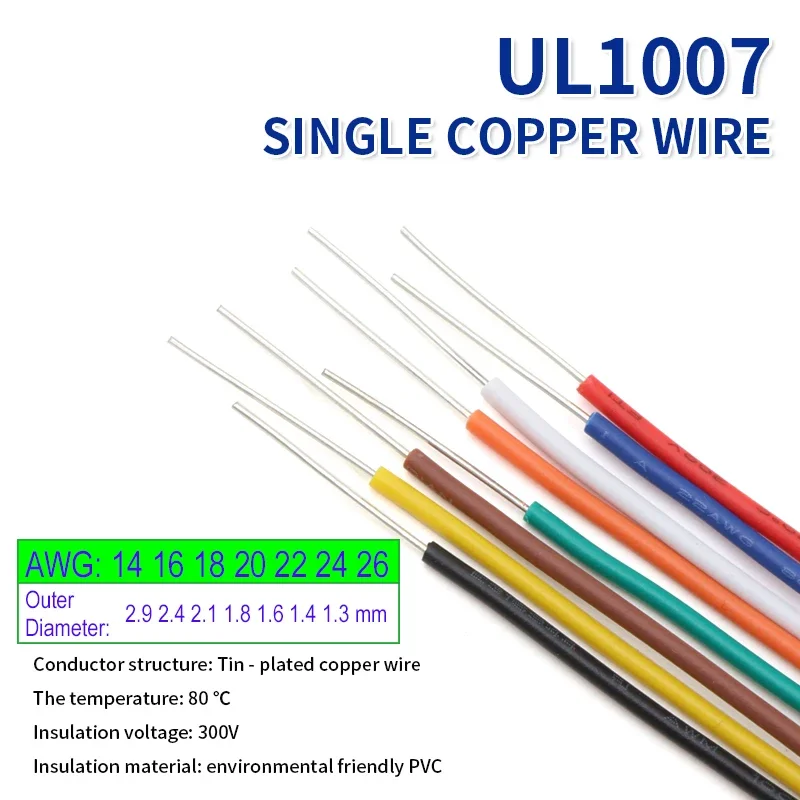 

2/5/10/50M UL1007 Single CoreTinned Copper Wire 26 24 22 20 18 16 14 AWG PVC Insulationn Electric Pass Electrician Cable Line