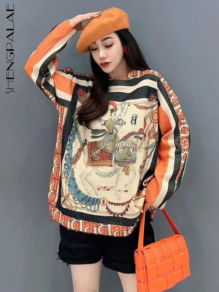 

SHENGPALAE Contrast Color Printed Sweater For Women Spring Versatile Casual O-neck Full Sleeve Knitting Pullover 2024 New 5R9202
