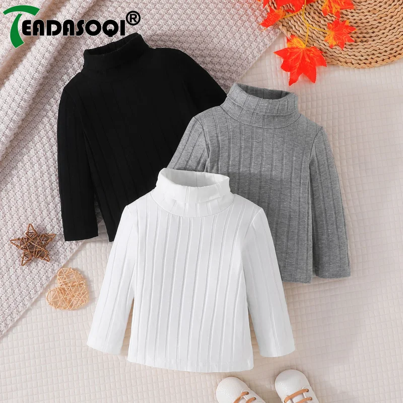 6M-3Y Spring Autumn Kids Baby Boys Long Sleeve High Neck Knit Pit Strip Casual Shirt Tops 3Pcs Set