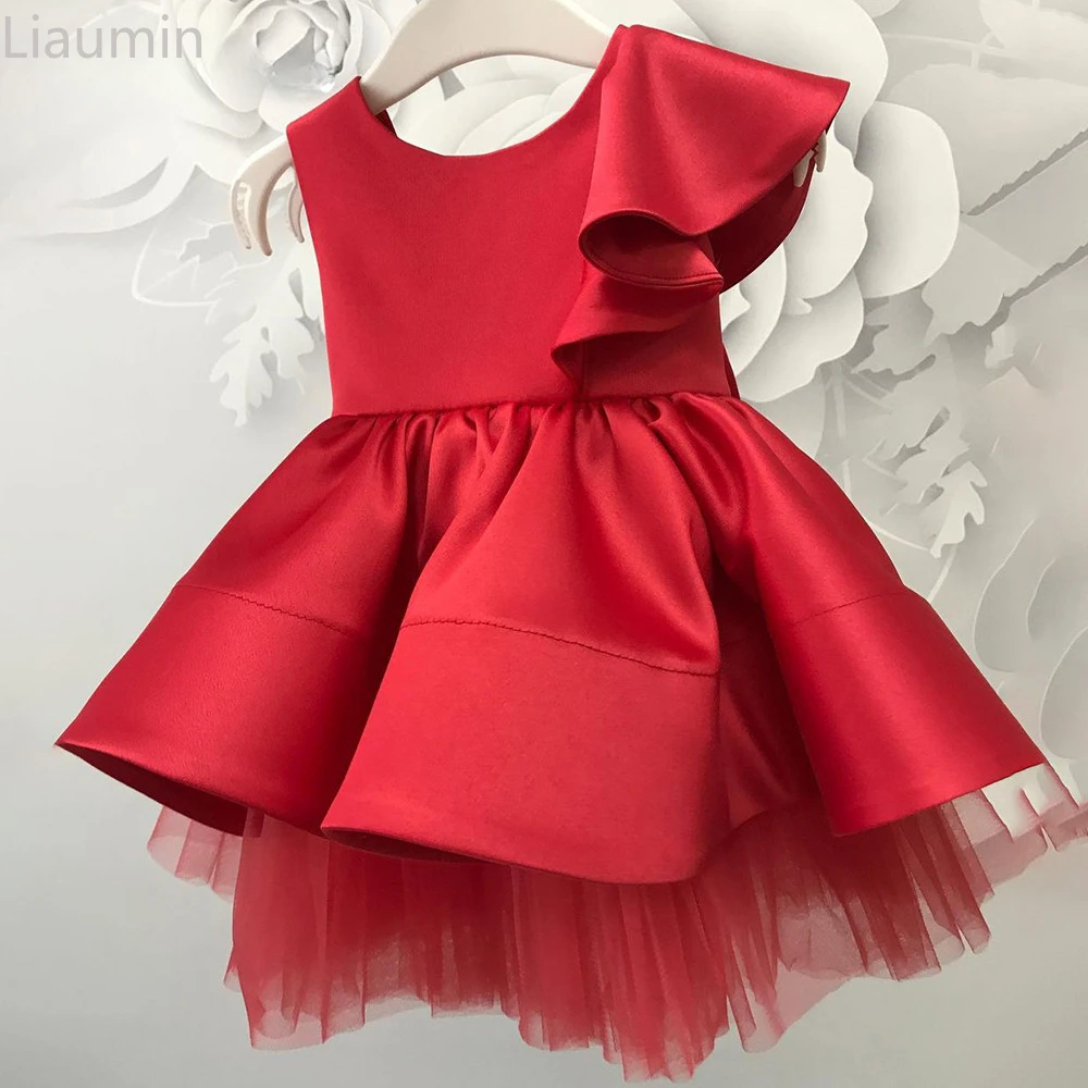 

Layers Red Ruffles Princess Skirt Satin Bow Baby Flower Girl Dress Simple Communion Clothing платья для девочек Christmas Party