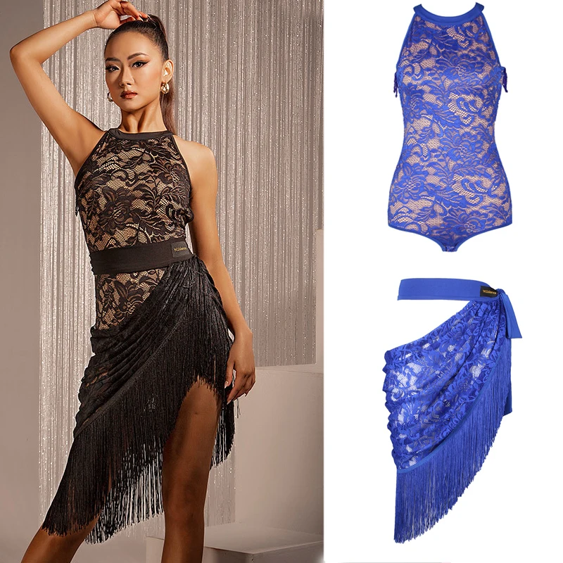 Sexy Lace Diamond Tassels Top Fringed Skirts Apron Women Ballroom Dance Costume Latin Performance Wear Practice Clothes SL6497