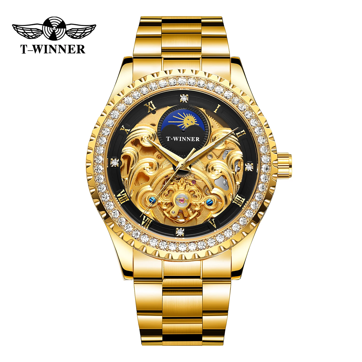 Winner Mechanical Watch Men Moon Phase Carved Skeleton Dial Men Watches Luxury Brand Design Fashion Wrist Watch Stainless steel