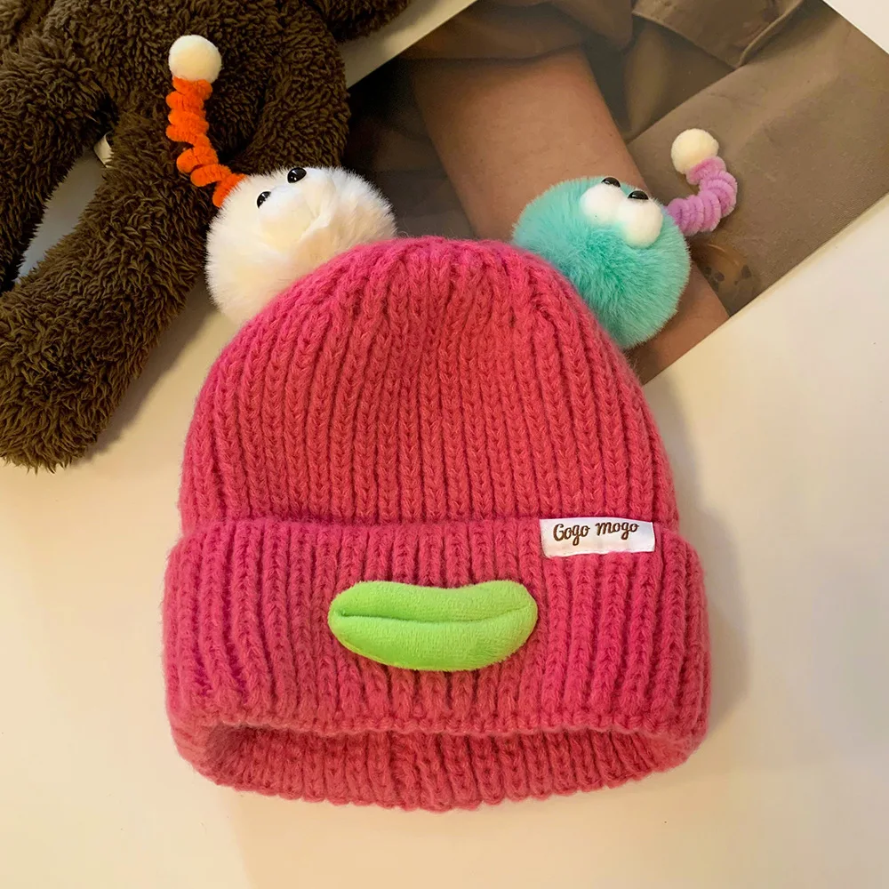 Korean version Funny Stupid Cute Beanie For Women Winter Kpop 3D Month Full Lips Warm Knitted Hat Fashion Student Skullies Cap