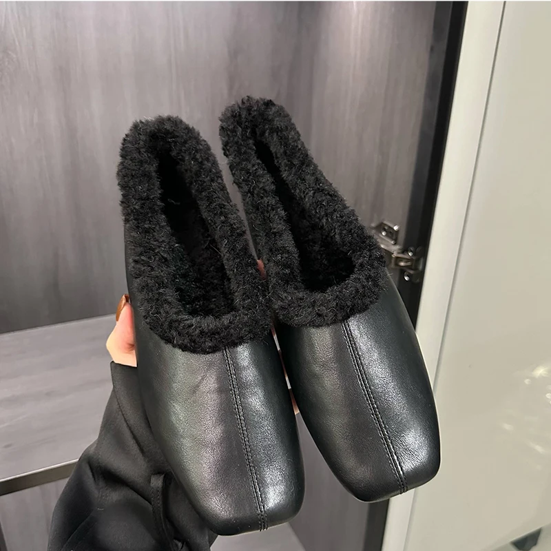 Women Flat Shoes Multicolor Square Toe Wool Warm Comfortable Anti-skid Rubber Sole Work Shoes Autumn Genuine Leather Women Pumps